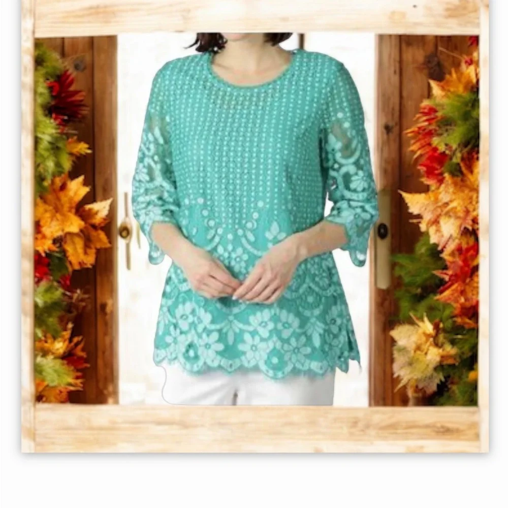 Isaac Mizrahi Live! Green Crochet Lace Overlay Tunic Top Sz Lg beautifu… - Picture 4 of 11